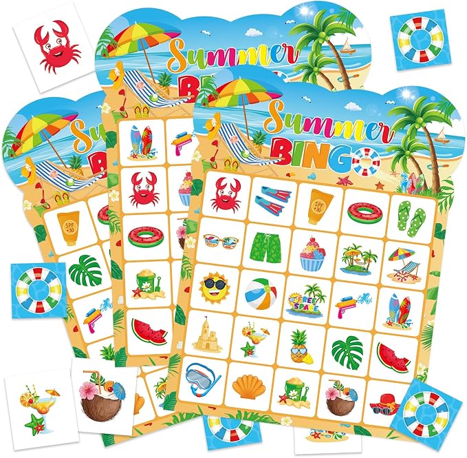 Summer Bingo Cards, 24 Players Beach Party Bingo Game Cards Summer Party Games for Birthday Holiday Party Wedding School Classroom Group Activities Favors Supplies