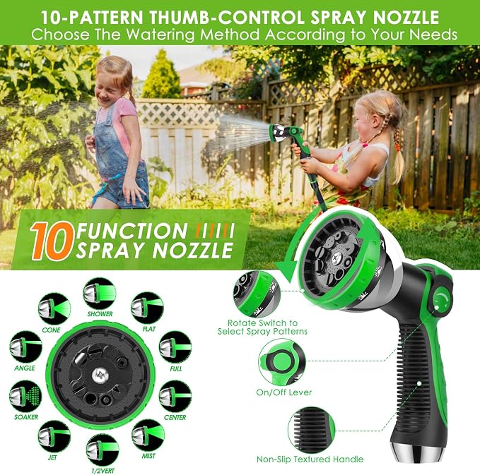 Non-Expanding Garden Hose 100 ft, Lightweight Hose & Flexible Water Hose With 10-Pattern Spray Nozzle, Kink-Free Design, Durable Leakproof Yard Outdoor Hose, Portable Storage Strap, 100 Feet