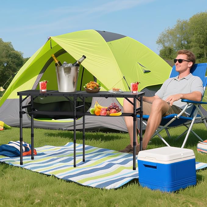 Anbte 4-Fold Camping Table, 3 Adjustable Height Max 27.5”, 46” X 16”, Black | with Storage Net, 4ft Aluminum Portable Camping Table, Lightweight, For Picnic Beach Outdoor Indoor RV Travel Tailgate