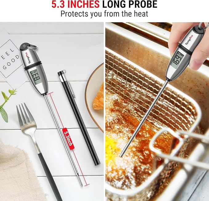 TempPro TempSwift 1 Sec Meat Thermometer Digital for Kitchen Cooking Food | 2 Pack, 5.3 inches Super Long Stainless Steel Probe, Bread Baking Sourdough Liquids Oil Frying Candy Making Accessories Gift