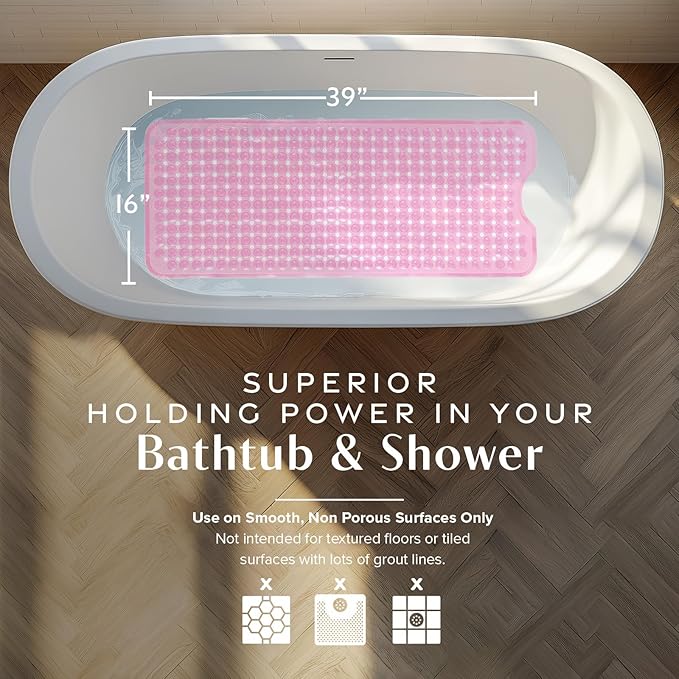 SlipX Solutions Power Grip 39x16 Bathtub & Shower Mat | Premium Non-Slip Bath Safety | Clear Pink