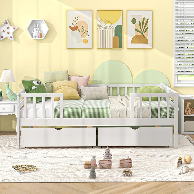 Giantex Twin Kids Bed with Storage Drawers, Wood Montessori Bed with Rails & Side Shelf, Low Daybed for Boys, Girls, No Box Spring Needed (White)