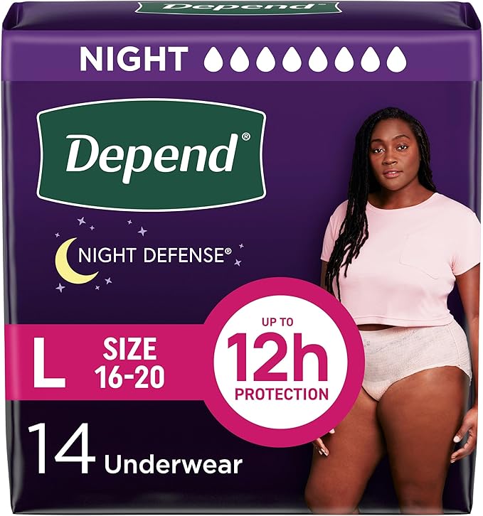 Depend Night Defense Adult Diapers, Incontinence & Postpartum Bladder Leak Underwear for Women, Disposable, Overnight, Large, Blush, 14 Count, Packaging May Vary