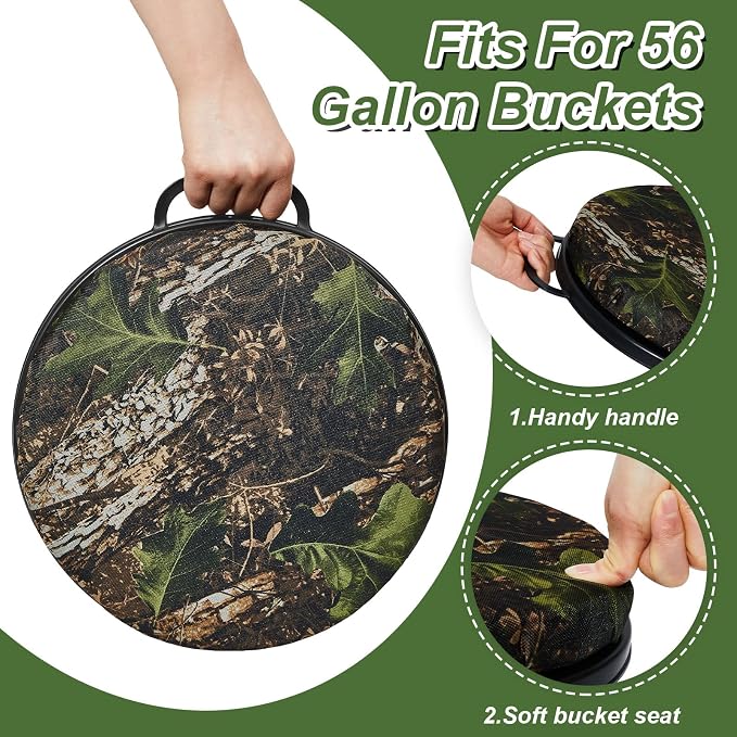2 Pcs 5 Gallon Bucket Seats 360 Degree Swivel Bucket Seat Cushion Camouflage Ice Fishing Cushion Waterproof Cover for Hunting Fishing Gardening Camping