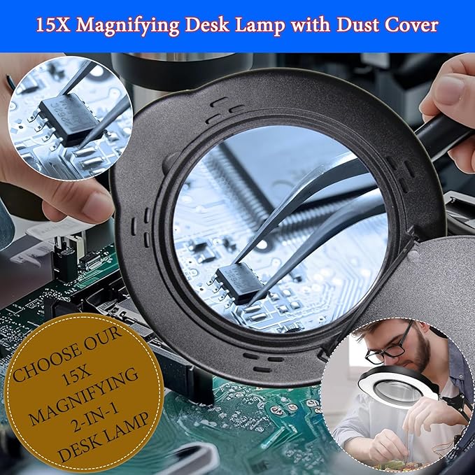 15X Magnifying Glass Desk Lamp with Clamp and Base, Real Glass Lens, 84 LEDs, 5 Color Modes Dimmable, Led Lamp Magnifier with Dust Cover, Clean Cloth, Ideal Gift for Seniors, Crafters, Hobbyists