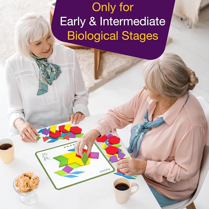Memory Game for Senior, Dementia Activities Toy Tangram Puzzle for Elderly | 80 Pieces Wooden Cognitive Games for Alzheimer Patients, Large Colorful Shape Pattern Matching Board Brain Care Gifts Craft