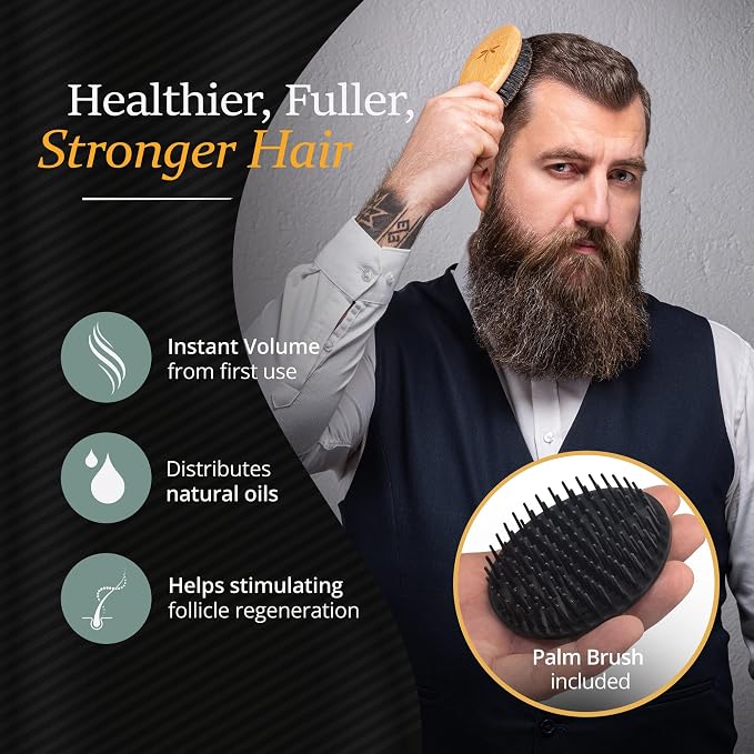 Belula 100% Boar Bristle Hair Brush Set for Men, Thin, Normal to Short Hair | Wooden comb, 2 palm brushes, travel bag, 100% organic bamboo and boar bristles, no nylon fillers, massages scalp, adds shine