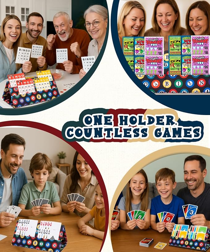 2 Pack Playing Card Holder for Bingo – Portacartas para Bingo, Durable Foldable Card Stand with Colorful Bingo Ball Design, Hands-Free Card Organizer for Seniors, Family Game Night & Travel
