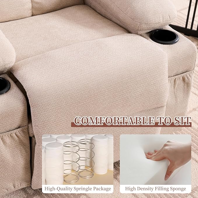 Recliner Chair for Adults, Nursery Glider Recliner with Massage and Heat, 360° Swivel Rocker Recliner, Manual Reclining Chair with Cup Holder, Side Pocket, Ergonomic for Moms and Elderly, Beige