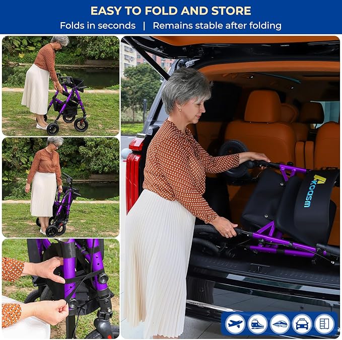 Foldable Rollator Walker for Seniors with Seat, Lightweight 2 in 1 Rolling Walkers Wheelchair Combo for Adult, Transport Chair with Brakes, Adjustable Seat and Handle, 300 Lb. Weight Capacity, Purple