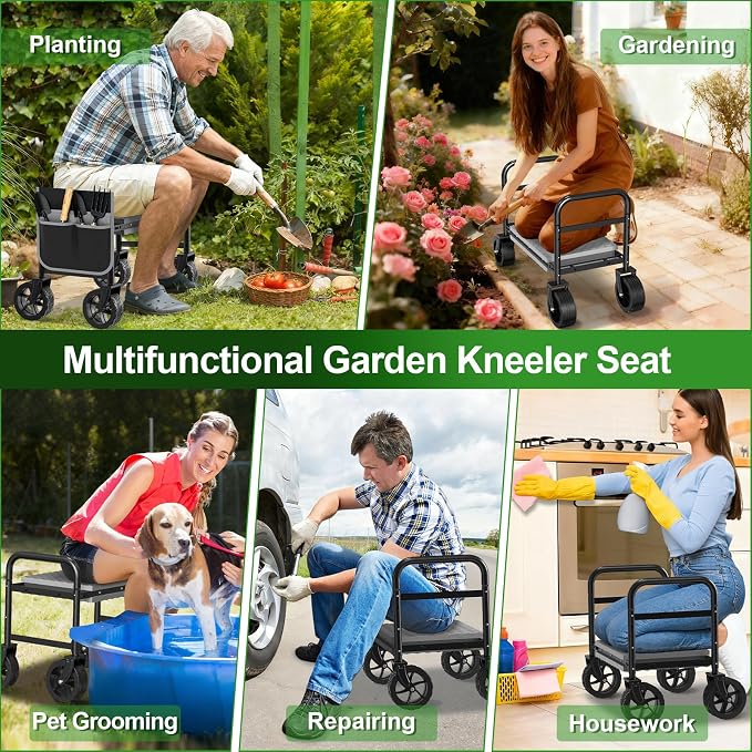 Garden Kneeler and Seat with 360° Wheels: 3-in-1 Rolling Gardning Stool | Foldable Garden Seat with Extendable Legs - Thick Pad and Tool Pouches - Heavy Duty Gardening Bench for Seniors