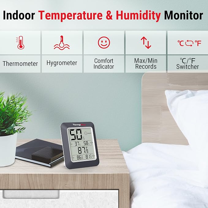 TempPro TempAir Digital Hygrometer Indoor Thermometer Humidity Monitor | Humidity Meter Room Thermometer Humidity Gauge with Temperature Humidity Monitor for House Celler Kitchen Greenhouse, Black