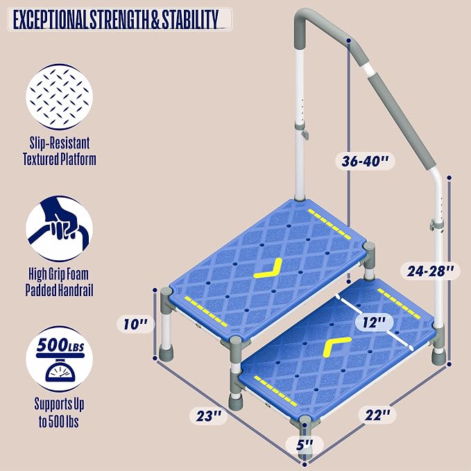 Extra Long Step Stool with Handle for Elderly(22 Inch), Heavy Duty 2 Stepping Stool with Adjustable Handrails for High Beds, Non-Skid Platform Foot Stool for Adults, Seniors, Handicapped (Blue)