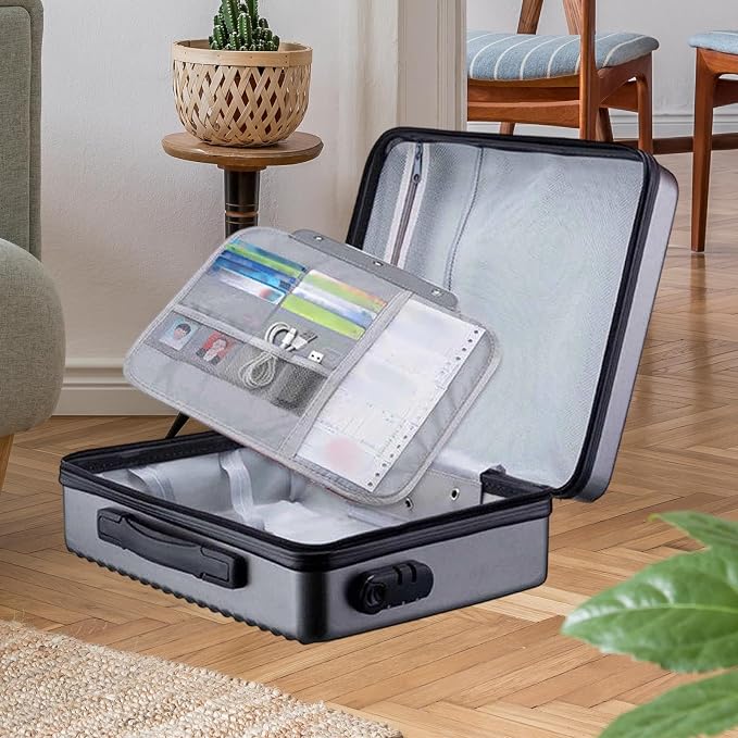 Fireproof Document Box Secure Storage Waterproof Briefcase files Organizer Bag Hard Container Case for Contracts Outdoor, Gray