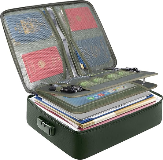 BALEINE Fireproof Document Box with Lock, Portable Fireproof Document Bag Waterproof Fire Proof File Boxes for Documents, File Organizer Box for Important Paperwork (Green, 15''x11''x4'')