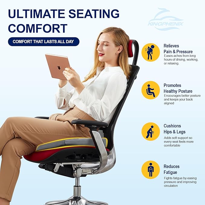 kingphenix Car Seat Cushion – Memory Foam Pad for Driving Comfort – Boosts Height and Relieves Coccyx & Lower Back Pain – Car, Truck, Office Chair (Leather & 4D Mesh Gray)