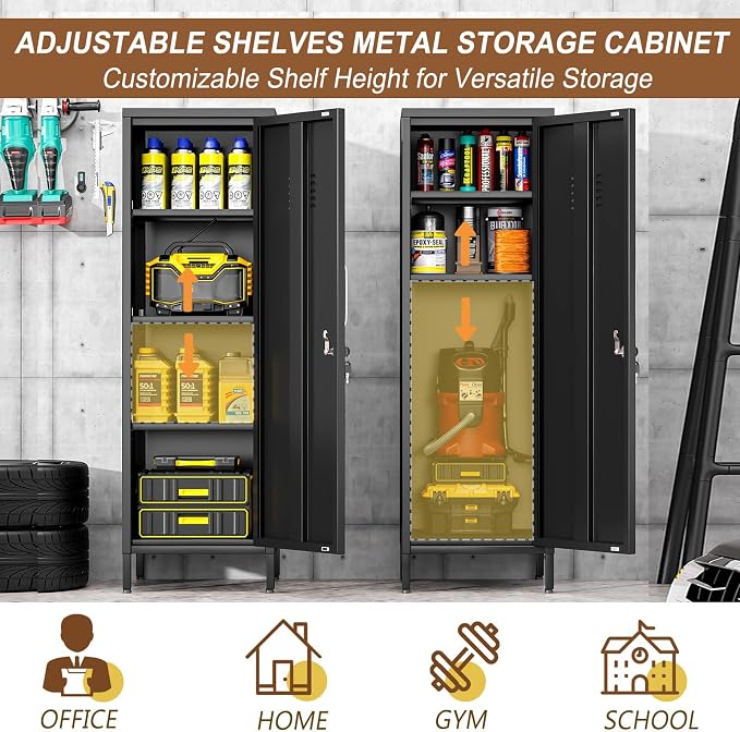 pozdeg 47.24" Metal Storage Locker with Lockable, Employees Metal Steel Locker with 1 Door ＆ 3 Adjustable Shelves, Small Locker Storage Cabinets for Home, School, Office, Gym (Black)