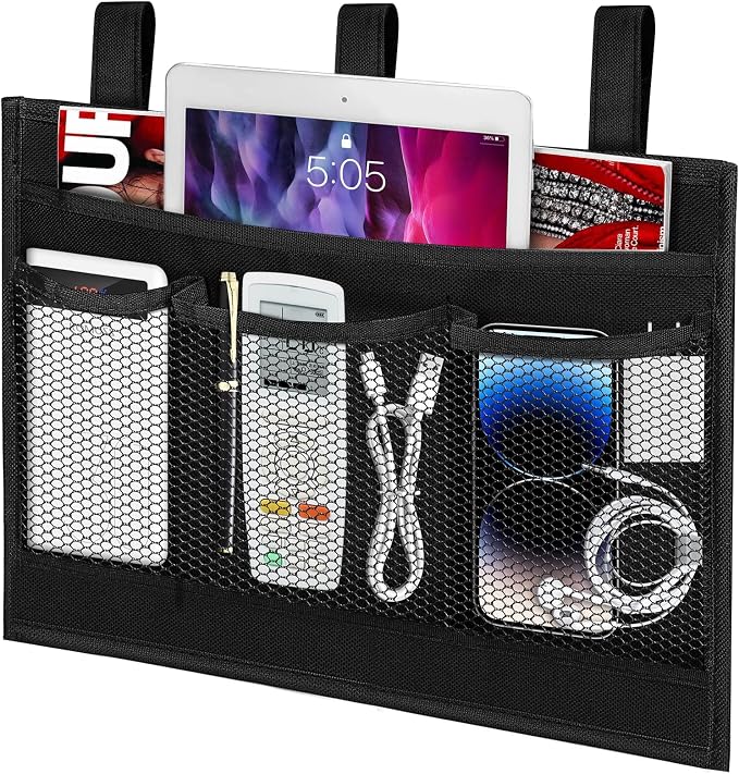 Bedside Caddy Storage Organizer, Hanging Storage Bag Pocket | Bunk/Hospital Beds, College Dorm Organizer for Remotes Phone,College Dorm,Camp,Bed Rails(4 Pockets),Black