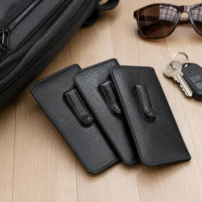Calabria Soft Slip-In Glasses Case with Pocket Metal Clip Black for Men/Women Synthetic Leather Felt Lining 6.5"x3"