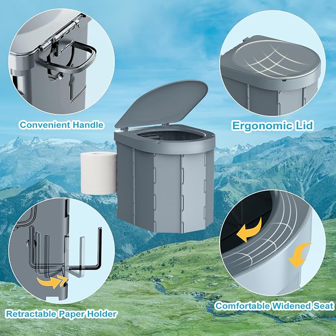 Portable Camping Toilet, Folding Toilet for Adults with Lid and Retractable Toilet Paper Holder, Waterproof Porta Potty with Carry Bag and Disposible Liners