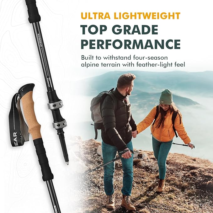 KINGGEAR TPC 100% Carbon Fiber Hiking Poles, Telescopic Retractable Nordic Trekking Poles, Ultra Lightweight Nordic Walking Stick, Metal Flip Locks, Cork and Extended EVA Handle