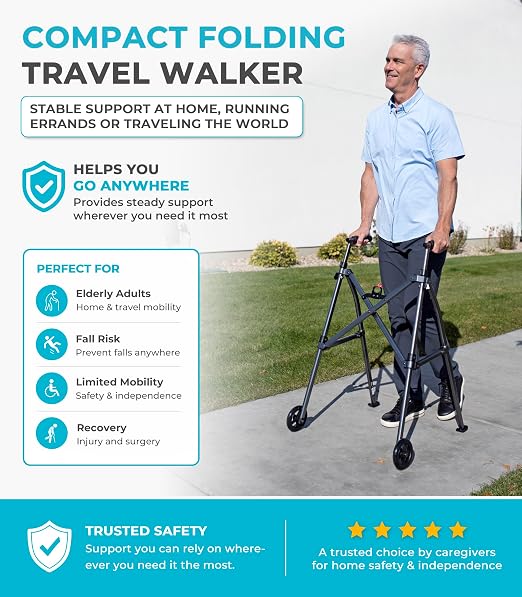 Stander Wonder Walker with 5-inch Wheels, Lightweight Folding Walker for Adults, Seniors, and Elderly, Collapsible Travel Walker, Ski Glides for Mobility Support, Compact, Black Walnut