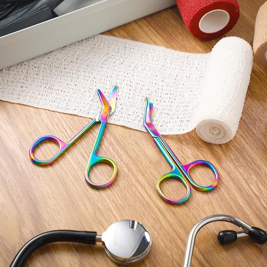 4 Pieces Ostomy Scissors Bandage Scissors Nursing Scissors Stainless Steel Scissors for Doctors, Nurses, Veterinary Home Nursing, 4.3 x 2.1 Inch, Curved (Rainbow)