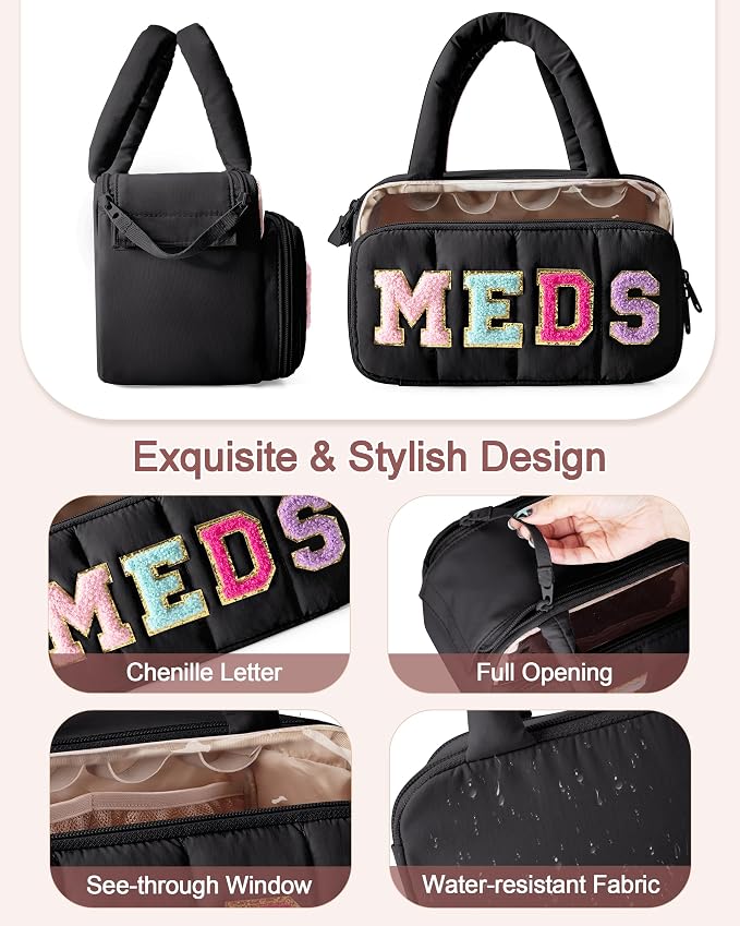 Fasrom Chenille Letter Medicine Bag, Pill Bottle Organizer for Travel Meds | Preppy Patch Design, Puffy Handle, Portable Storage for Medical Supplies & Toiletries, Makeup Case for Women
