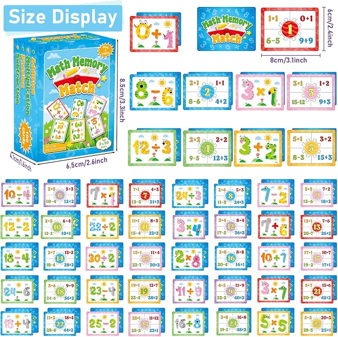 gisgfim 100 PCS Math Memory Matching Game Mathematics Concentration Memory Card Games A Fun & Fast Math Game for Addition Subtraction Multiplication Division Matching Games