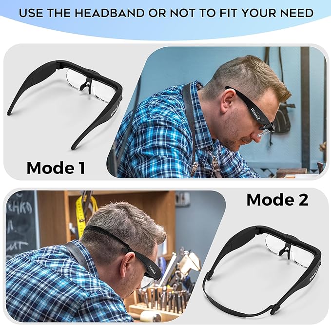 Dilzekui Magnifying Glasses w/Light,1.5X-5X Magnifying Glass Acrylic Lenses | Storage Case, Type-c Charged, Elastic Headband Magnifier, Handsfree Worn with Glasses for Close Work Craft Hobby Cross Stitch
