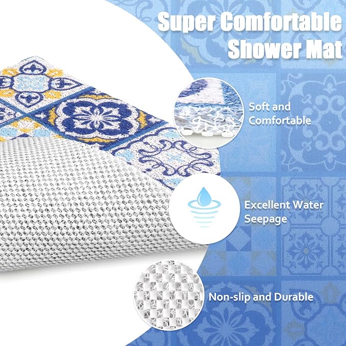 Shower Mat Non-Slip - 24x16 Inch, Soft Comfort Bath Mat with Drainage Holes, PVC Loofah Massage Bathmat for Shower,Tub,Bathroom,Wet Areas, Quick Drying