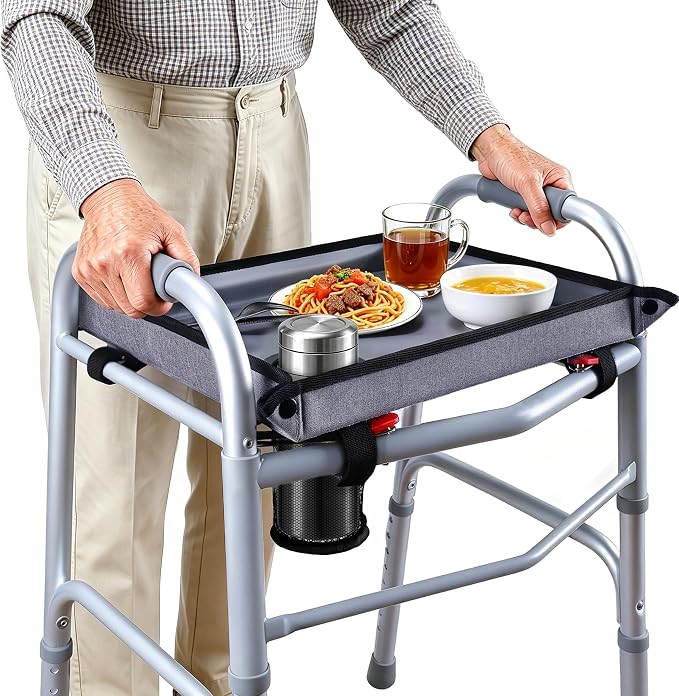 Walker Tray with Cup Holder – Universal Hard Top Walker Accessory for Seniors | Adjustable Side Panels, Waterproof & Easy to Install, With Cup Holder Keeps Drinks Stable, Universal Fit, No Tools Required