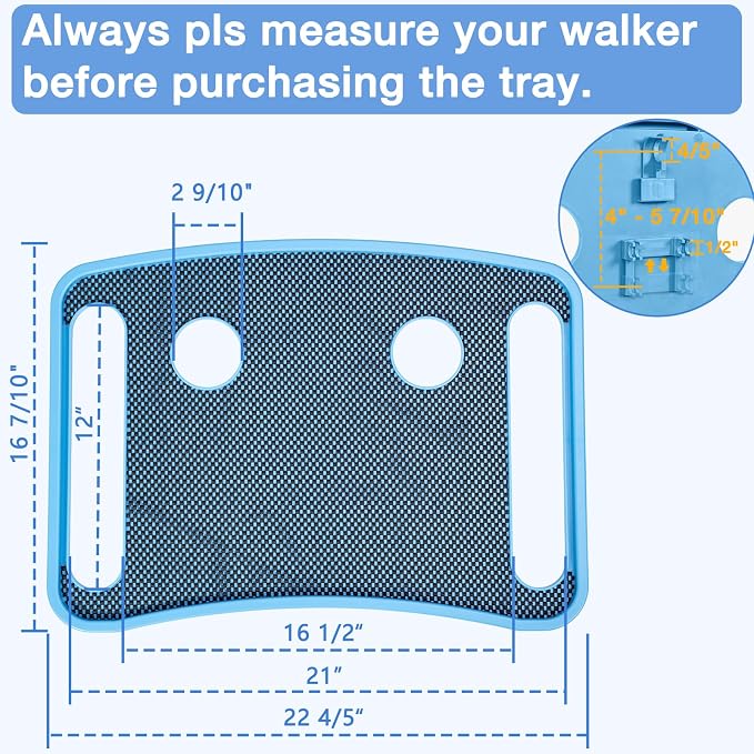 Walker Tray for Seniors with Dual Cup Holders & Side Pouch (Blue) | Durable Food & Drink Table, Lightweight with Non-Slip Pad, Compatible with Walker of 10210-1 Model