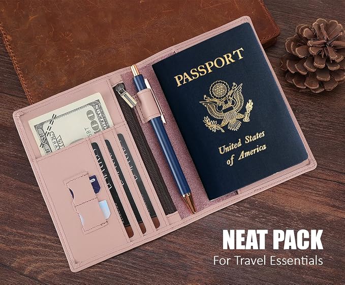 STAR VISTA Phoenix Leather Passport Holder, Calfskin Leather Travel Wallet - RFID Blocking, ID Window, Zipper Pocket, Pen & Notebook Included, AirTag Holder, Pale Pink