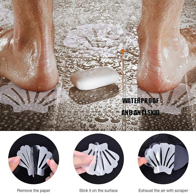 Non-Slip Bathtub Stickers, 24 PCS Shell Safety Bathroom Tubs Showers Treads Adhesive Decals Scraper (Clear)