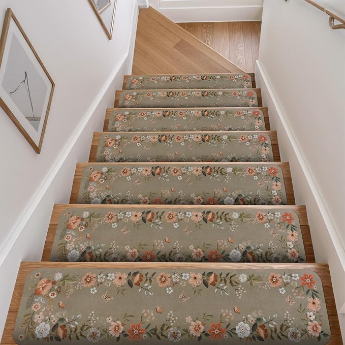 OJIA Floral Stair Treads Non-Slip Stair Runners 15PCS 30"x8" | Carpet Stair Treads for Wooden Steps Indoor Mats Staircase Step Treads for Kids, Elders and Dogs, Stair Covers, Brown