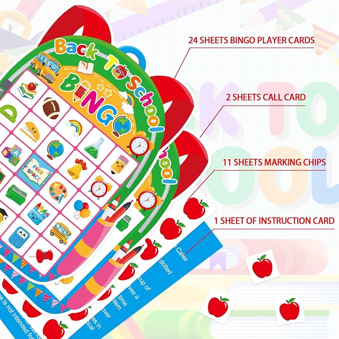 24 Player Back to School Bingo Game Cards for Group Activities Party Supplies