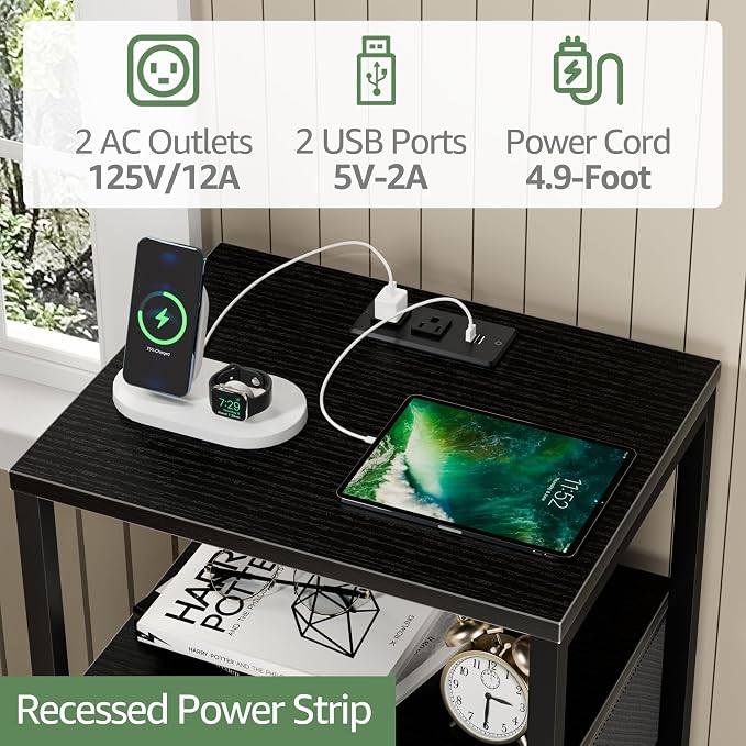 BOLUO Black Night Stand with 3 Fabric Drawers, Nightstand with Charging Station LED Nightstand for Bedroom, Bedside Table with USB Ports and Outlets Modern
