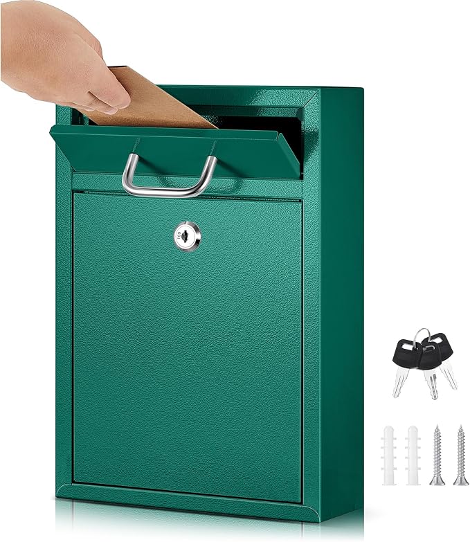 Yaocom Locking Mailbox with Key for Outdoor 12.2 x 8.5 x 3 Inches Large Wall Mount Mail Box with Lock Security Mail Drop Metal Collection Boxes Hanging Secure Postbox(Green)