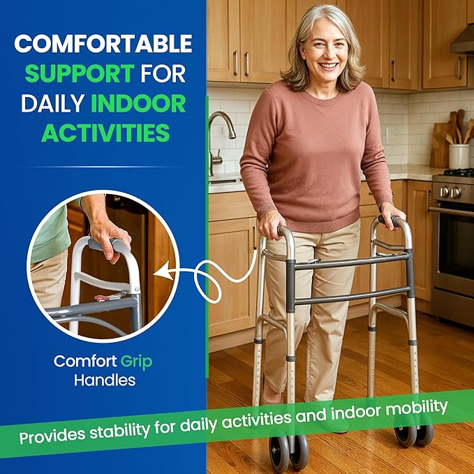 Bariatric Heavy-Duty Folding Walker with Wheels for Seniors, Adults, Extra Wide Front Wheel Walker (2 5-Inch Wheels), and Free 2 Pairs of Rear Glides Heavy Duty Sizes. Sized for Adults up to 450 lbs