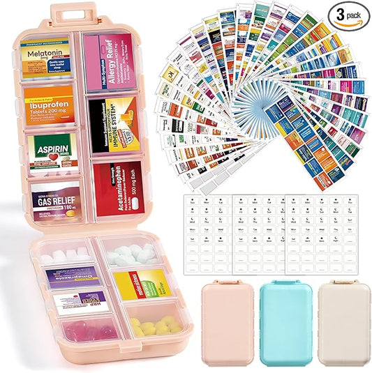 3 Pack 14 Grids Travel Pill Organizer Box with 415-Pcs Medicine Name Labels - Pocket Daily Pharmacy Case Container Kit - Travel Medication Holder Dispenser for Fish Oil Vitamin, Khaki+Pink+Sky Blue