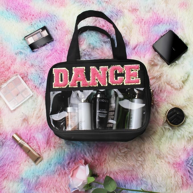 BuyCard Dance Chenille Letter Bags Clear Makeup Bag for Travel, Dance Gift Cosmetic Pouch with Handles and Zipper, Nylon & PVC Waterproof Large Dance Accessories Toiletry Purse Storage Bag for Women