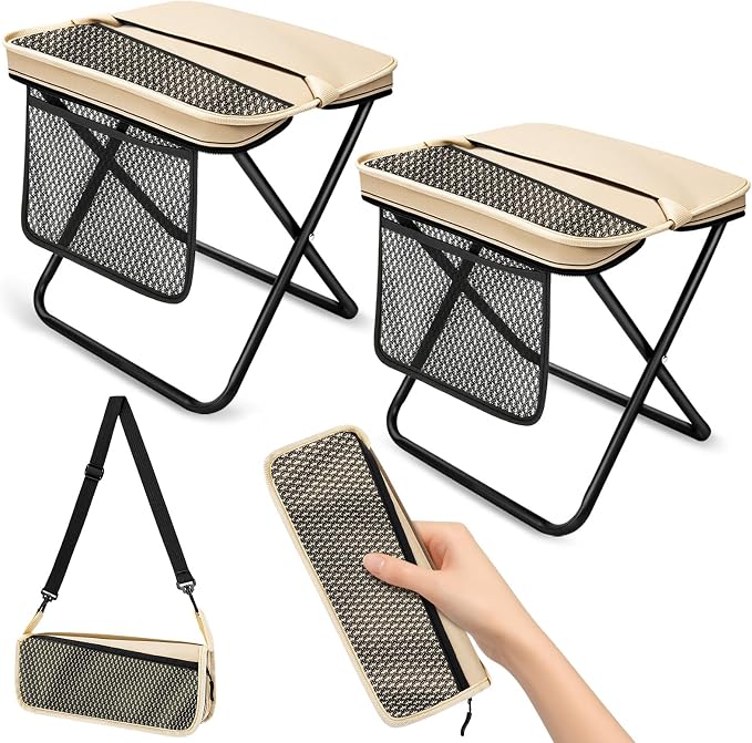 2 Pack Portable Folding Stools for Adults, 13" Height Collapsible Backpack Seat with Side Pocket, Anti-Pinch Camping Stool for Travel Fishing Hiking, 220 Lbs Capacity, Khaki