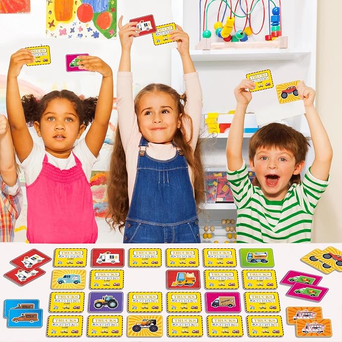gisgfim 100 PCS Memory Matching Game Trucks Concentration Memory Card Games for Kids Preschool Educational Ages 3-8 A Fun & Fast Vehicle Theme Matching Games