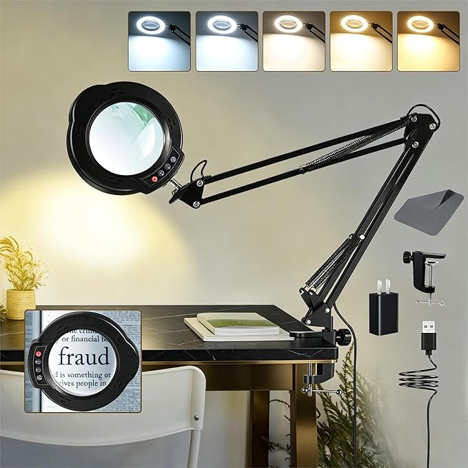 12X Magnifying Glass with Light and Clamp, 84 LEDs Real Glass Lens Magnifying Lamp for Close Work, Repair, Reading, Craft（Top Button）