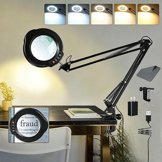 12X Magnifying Glass with Light and Clamp, 84 LEDs Real Glass Lens Magnifying Lamp for Close Work, Repair, Reading, Craft（Top Button）