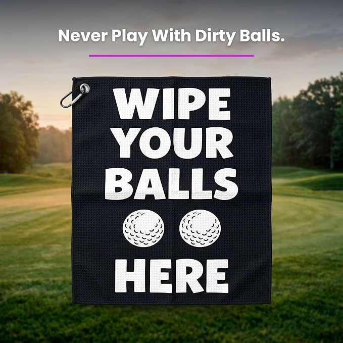 SHANKITGOLF Golf Towel Funny Microfiber with Magnetic Clip, Ball Cleaner for Clubs, Premium Cart Attachment, Golf Accessories Gift for Men, Golfers, Dad (Wipe Your Balls Here Towel)
