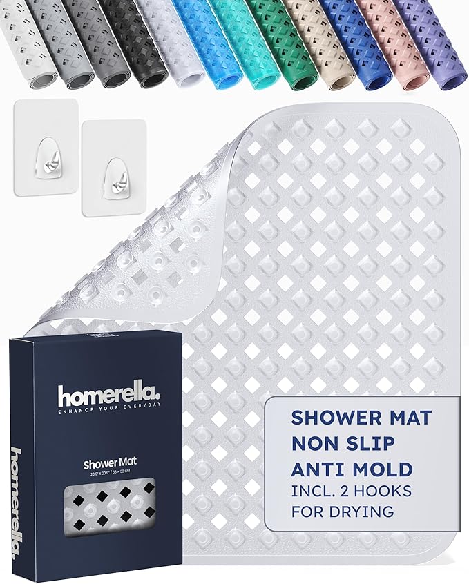 homerella® Shower Mat Non Slip Anti Mold, Non Slip Shower Mats for Inside Shower Stall Anti Slip Mat, Square Shower Floor Mat 21 x 21 in with Suction Cups & Hooks for Quick Drying, Machine Washable