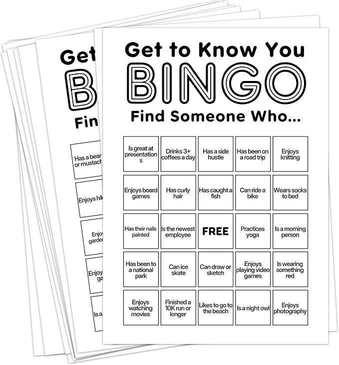 Find Someone Who Bingo Cards, 25 Unique Randomized 5x7 Sheets, Get to Know You Bingo Game for Adults, Ice Breaker Office Party Games, Team Building Games for Work, High Replay Value - B001