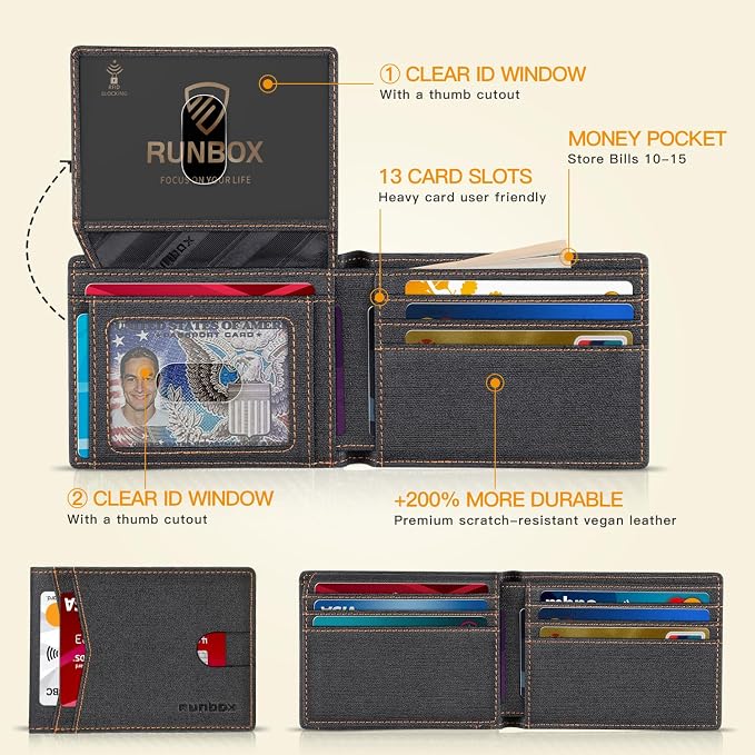 RUNBOX Wallet for Men -Slim Rfid Leather Mens Bifold Novelty Wallets 2 ID Window With Gift Box Men's Accessories | Minimalist Front Pocket Design, Holds 15 Cards, Large Capacity with Cash Pocket,Compact and Thin, Birthday Gifts for Men